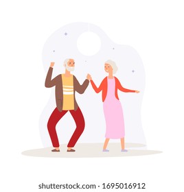 Grandparents dancing. Happy elderly couple party. Man woman dance on disco, fun active time. Old people relax vector illustration
