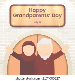 Grandparents day background with happy grandparents standing in front of their house