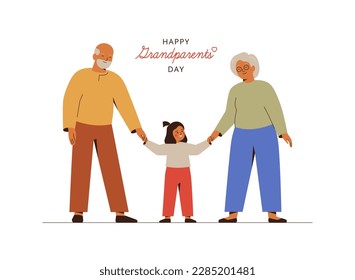 Grandparents Day card with elderly couple and their granddaughter. Happy senior man and woman hold by hands their grandchild. Vector illustration.