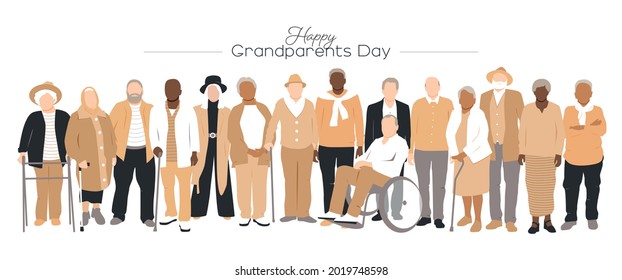 Grandparents Day card. Multicultural group of grandparents. Flat vector illustration.