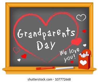 Grandparents Day Chalkboard. We love you!  Annual holiday on first Sunday of September following Labor Day. Chalk text and hearts on wood frame blackboard. EPS8 compatible.