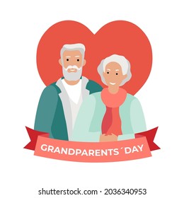 Grandparents Day. Clip Art Icon For Greeting Card, Congratulations , Grandma And Grandpa On Heart Background. A Symbol Of Love For Many Years. Vector Flat Illustration, Cartoon Style.