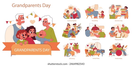 Grandparents Day concept. A colorful set celebrating intergenerational bonds with various activities like cooking, storytelling, and gardening. Vector illustration.