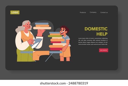 Grandparents Day concept. Family bonding through shared household chores. Grandmother ironing with her grandchild's help. Vector illustration.