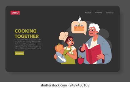 El concepto del Día de los Abuelos. Ilustración de un nieto alegre y abuelo cocinando juntos, compartiendo recetas y sonrisas. Cálido momento de unión familiar. Ilustración vectorial.