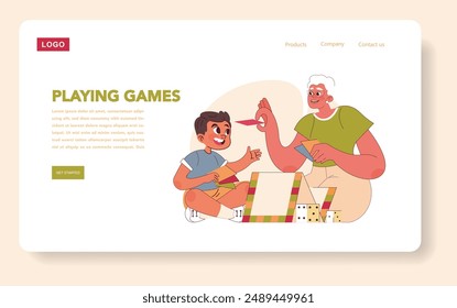 Grandparents Day concept. A joyful grandmother and grandson bonding over a board game. Family fun and intergenerational connection. Vector illustration.