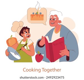 Grandparents Day concept. Joyful grandmother and grandchild share a cooking moment with a recipe book. Family bonding over baking. Vector illustration.