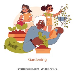 Grandparents Day concept. Joyful multi-generational family tending plants together, promoting bonding and healthy living. Vector illustration.