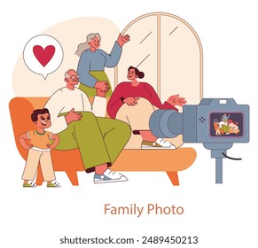 El concepto del Día de los Abuelos. Familia multigeneracional posando para una foto con los abuelos, compartiendo un momento de amor. La unión y los lazos familiares. Ilustración vectorial.