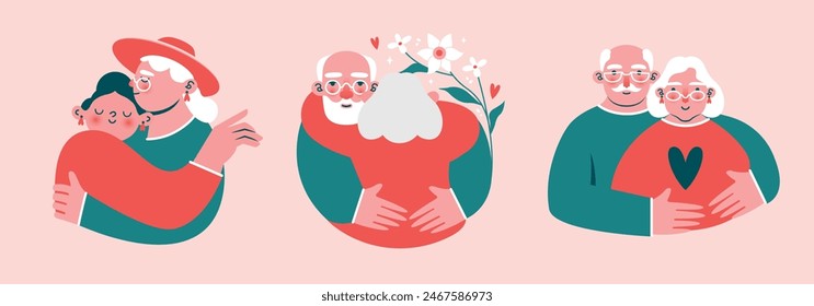 Grandparents Day. Couple of grandfather and grandmother with granddaughter, who hugging. Cute portraits of grandparents. Care, support for pensioners. Older women and men in flat style with flowers.