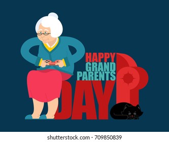 Grandparents Day. Day of grandmother and grandfather. grandma with cat. Holiday of an elderly person. Pet and old man. Vector illustration
