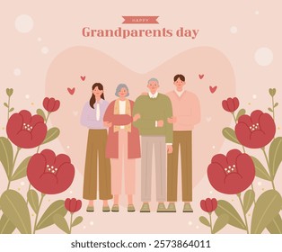 Grandparents day greeting card with family and flowers. Flat vector illustration.