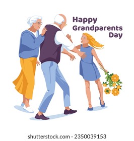 Grandparents Day Greeting card. A girl greets an elderly couple with a flower bouquet on a white background. Vector flat illustration