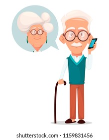 Grandparents day greeting card. Grandfather calling to grandmother. Silver haired grandma and grandpa. Pretty cartoon characters. Vector illustration on white background