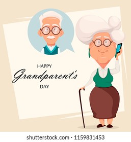 Grandparents day greeting card. Grandmother calling to grandfather. Silver haired grandma and grandpa. Pretty cartoon characters. Vector illustration