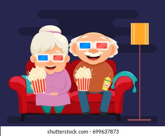 Grandparents day greeting card. Grandmother and grandfather watching movie at home. Vector illustration on dark background