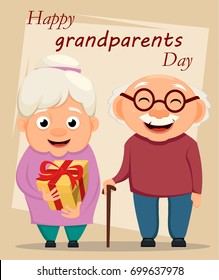 Grandparents day greeting card. Grandmother and grandfather standing together. Grandpa with cane and grandma with gift box. Vector illustration