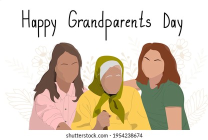 Grandparents Day greeting card template with old grandmother and grandchildren. Granddaughters embracing grandma.  Loving family. Flat contemporary vector illustration.