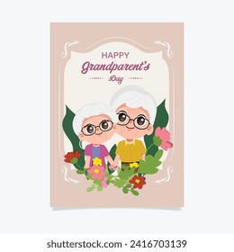grandparents day greeting card template with older couple. chibi elderly character cartoon vector.