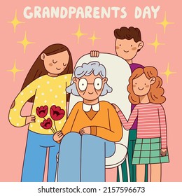 Grandparents day hand drawn flat illustration with family members. Design for post cards, web. Happy older person day. International day of older person. Vector illustration.