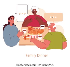 Ilustración del Día de los Abuelos. Una acogedora comida familiar multigeneracional con abuelos y burbujas de habla. Haciendo lazos durante la cena. Ilustración vectorial.