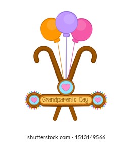Grandparents day image with a wooden walking sticks and balloons - Vector illustration