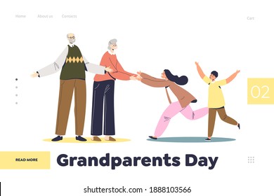 Grandparents day landing page concept with grandchildren visiting grand parents. Happy little kids running to hug grandpa and grandma. Cartoon flat vector illustration