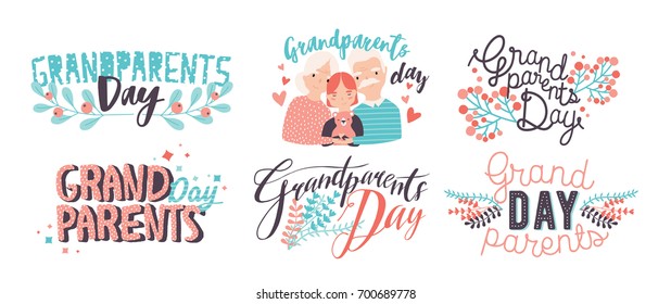 Grandparents day lettering. Different hand drawn colorful inscriptions with curly fonts and decor elements.