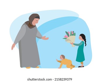 Grandparents day. National grandparent festive, grandchildren celebrating grandmother. Cute family characters decent vector card