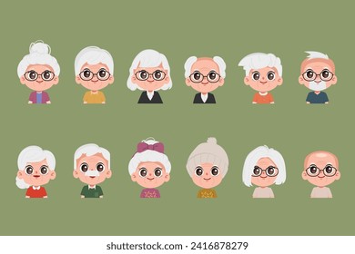 grandparents day with older couple. Set of chibi elderly character avatar cartoon vector