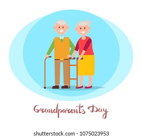 Grandparents day, placard with headline, circle with image of grandfather and grandmother with stick, elderly people, isolated on vector illustration