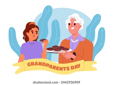Grandparents day poster. Grandmother with daughter and chocolate cookies. International holiday and festival. Good relations in family. Cartoon flat vector illustration isolated on white background