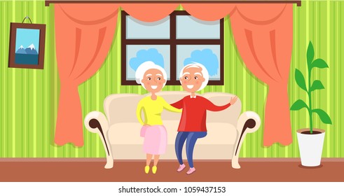 Grandparents day poster with mature husband and wife sitting on sofa near window with curtains in cosy flat vector illustration, green plant in pot