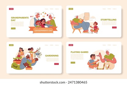 Grandparents Day set. Celebrating family bonds with storytelling, gardening, and playing games. Multigeneration interaction and joyful moments. Vector illustration.