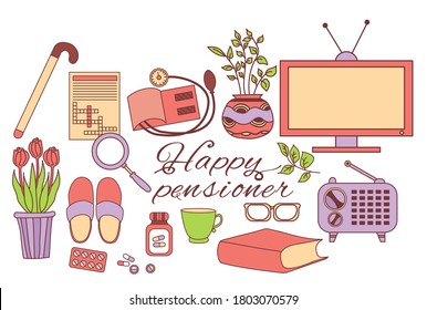 grandparents day. set of happy pensioner icons. The elderly person items are a crossword puzzle and a television, radio technique, medicine pills and a tonometer. International Day of Older Persons