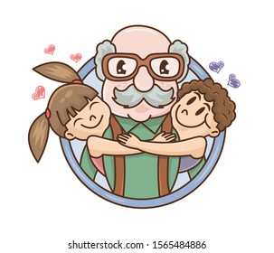 Grandparents Day. Smiling grandchildren Hugging Their Grandfather. Cartoon vector illustration. Hand drawn style greeting card for grandpa day. Cute little boy and girl. For print or greeting card.