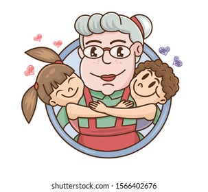 Grandparents Day. Smiling grandchildren Hugging Their Grandmother. Cartoon vector illustration. Hand drawn style greeting card for grandma day. Cute little boy and girl. For print or greeting card.