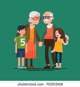 Grandparents day vector flat design element with grandmother, grandfather and grandchildren. Ideal for holiday special social media posts, banners and cards