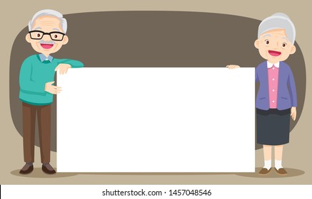 grandparents day.grandparents.Senior People Holding Empty Banner With Copy Space.Smiling aged retired couple standing together a white board