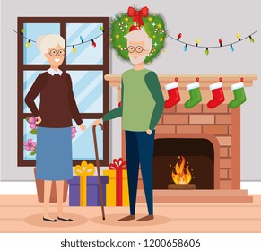 grandparents with december clothes in livingroom