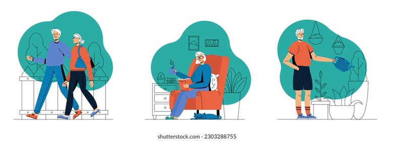 Grandparents do household chores. Walking outside together, reading book with cat on floor of house, watering flowers. Cartoon vector flat illustrations set