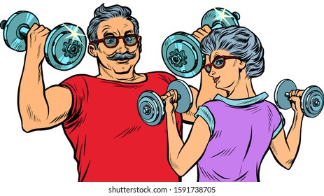 Grandparents do sports, fitness dumbbells. Pop art retro vector illustration drawing vintage kitsch