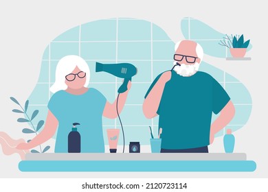 Grandparents Doing Morning Routine Together. Cute Grandmother Styling Hair With Hairdryer At Bathroom. Elderly Man Shaving Beard With Razor. Hygiene Procedures. Restroom Interior. Vector Illustration