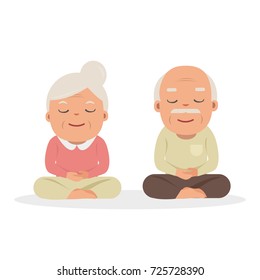 grandparents doing yoga exercise. Vector cartoon illustration. Yoga for grandparents.