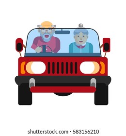 Grandparents driving in car isolated on white. Happy grandmother and grandfather on jeep driving on high speed. Vector illustration of retired drivers couple loving extreme activities in cartoon style