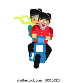 Grandparents driving on motorbike isolated on white. Happy grandmother and grandfather on motorcycle driving on high speed. Vector illustration of retired bikers couple loving extreme activities