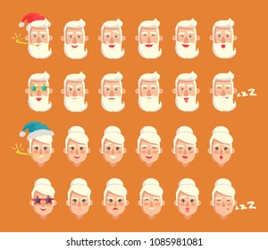 Grandparents emotion collection, male head wearing Santa Claus red hat, woman sleeping and snoring, emoticons set isolated on vector illustration