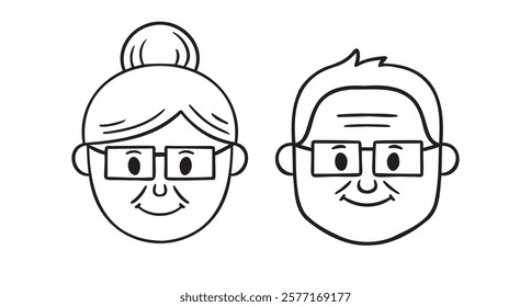 Grandparents face doodle hand drawn icon. Outline drawing grandparents face line clipart symbol. Vector illustration