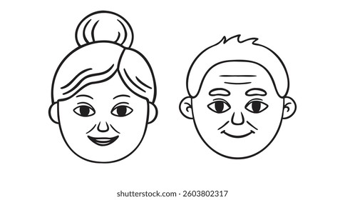 Grandparents face doodle hand drawn icon. Outline drawing grandparents face line clipart symbol. Vector illustration