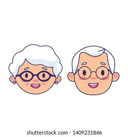 grandparents face icon, grandmother and grandfather face icon, elderly people face with grey hair vector illustration character